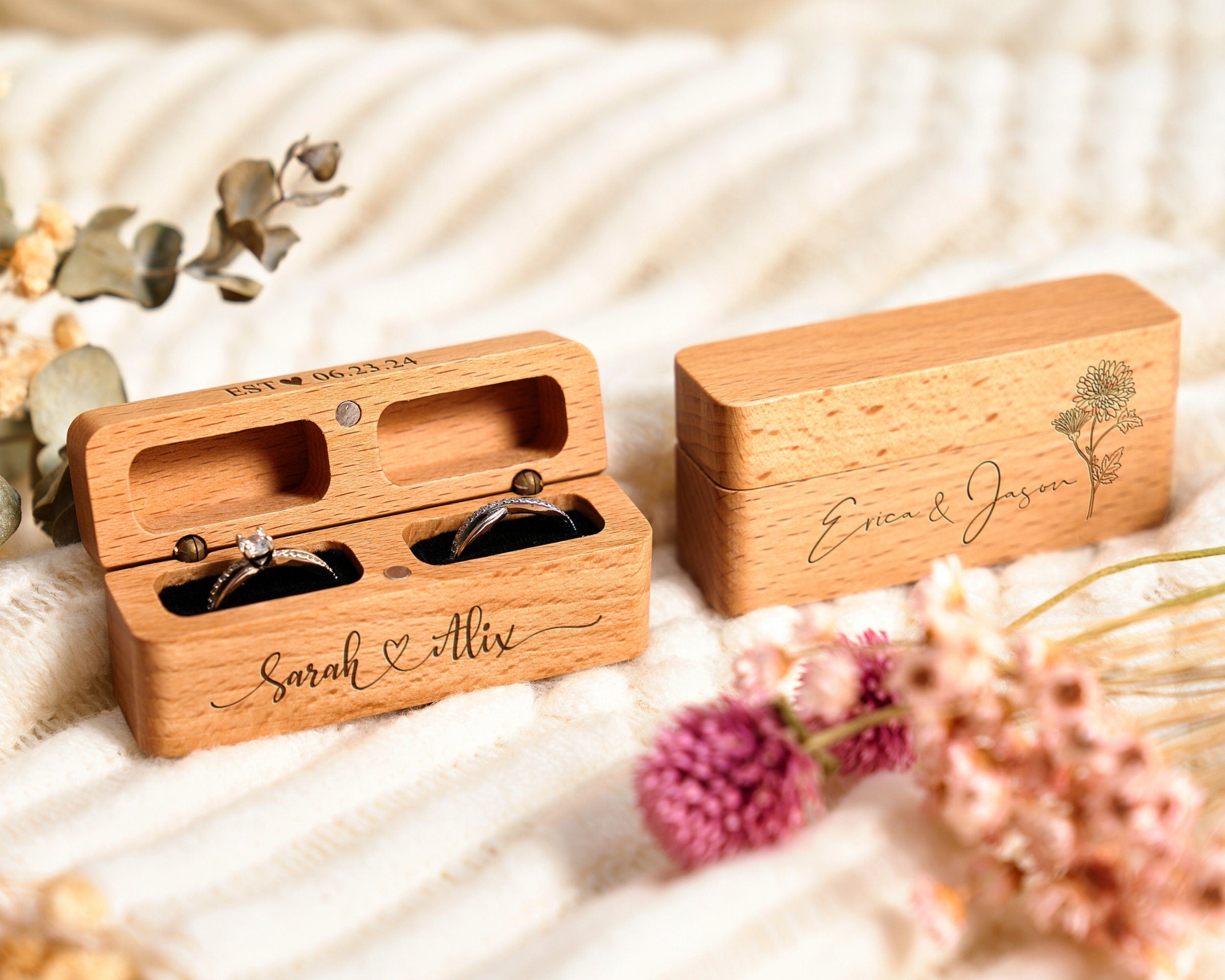 Engraved Wooden Ring Box Personalized 2-Slot Ring Box Wedding Ring Bearer