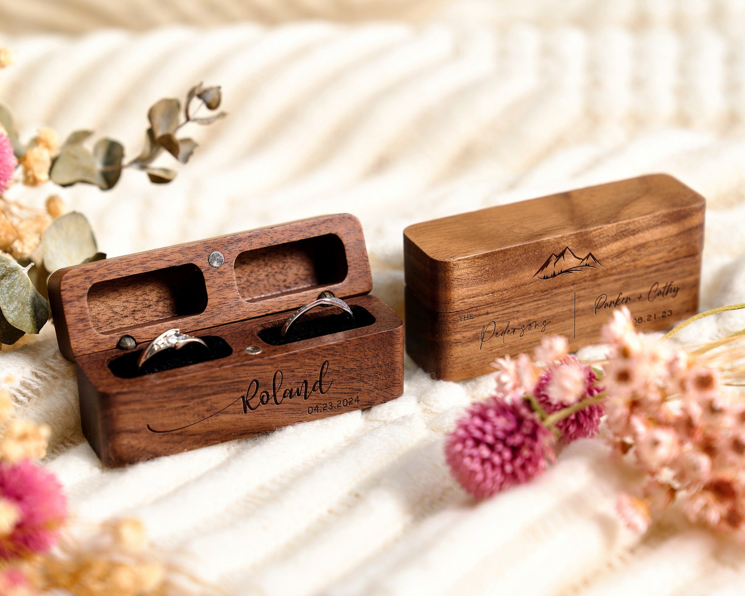 Engraved Wooden Ring Box Personalized 2-Slot Ring Box Wedding Ring Bearer