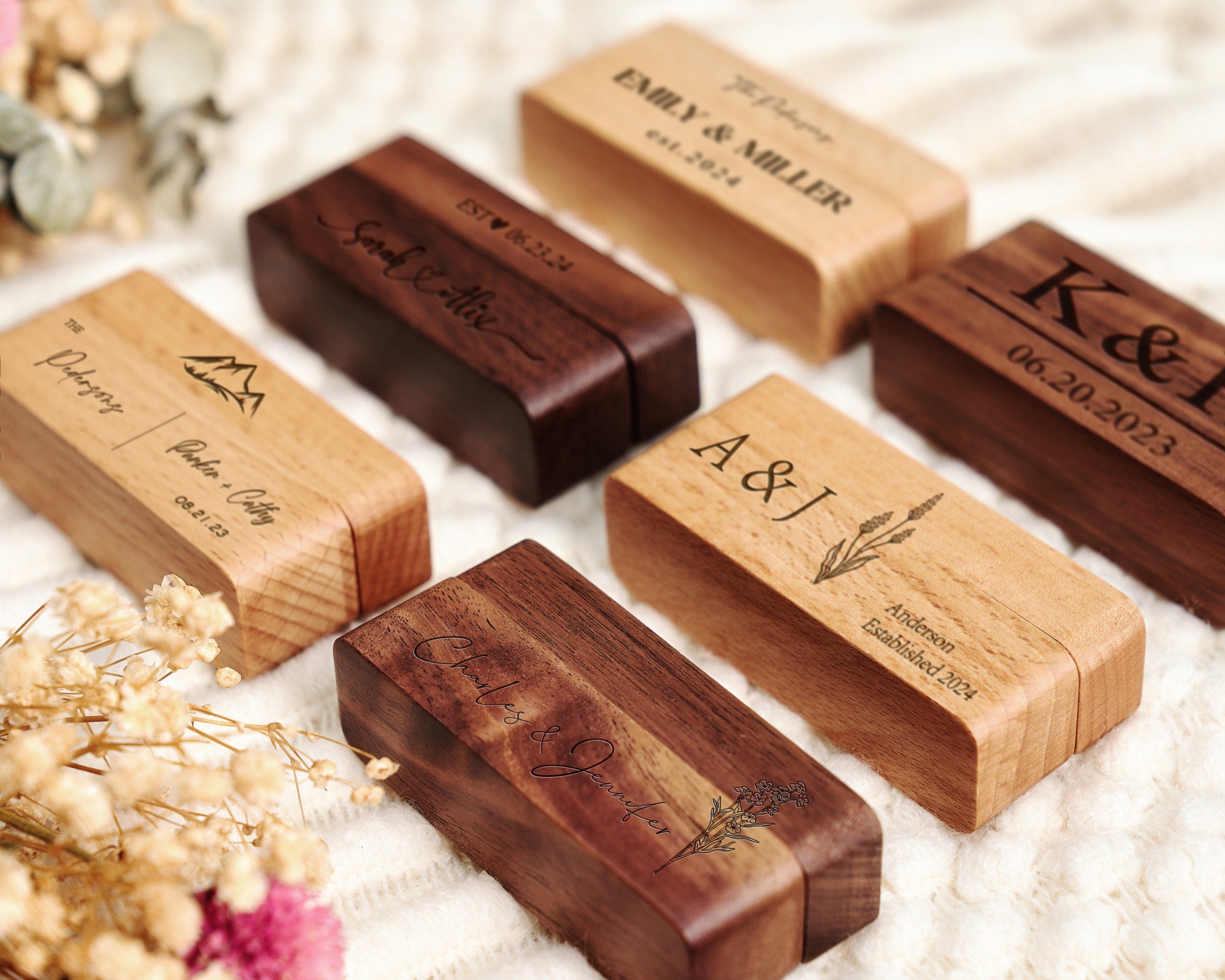 Engraved Wooden Ring Box Personalized 2-Slot Ring Box Wedding Ring Bearer