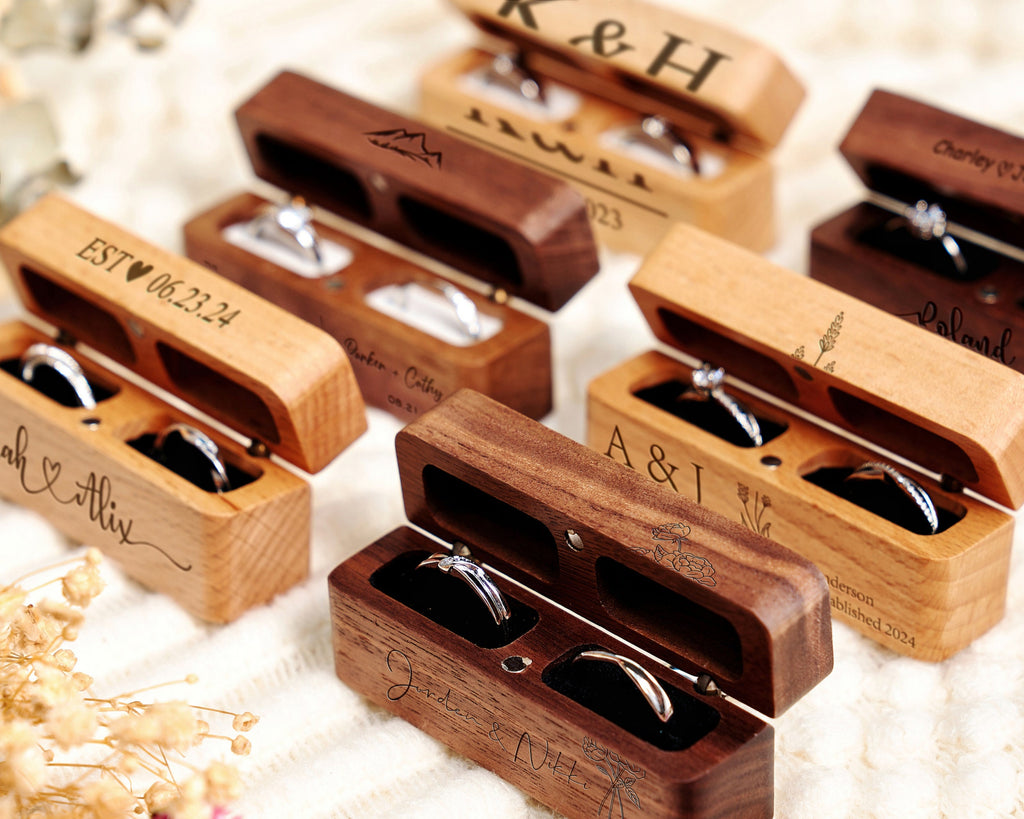 Engraved Wooden Ring Box Personalized 2-Slot Ring Box Wedding Ring Bearer