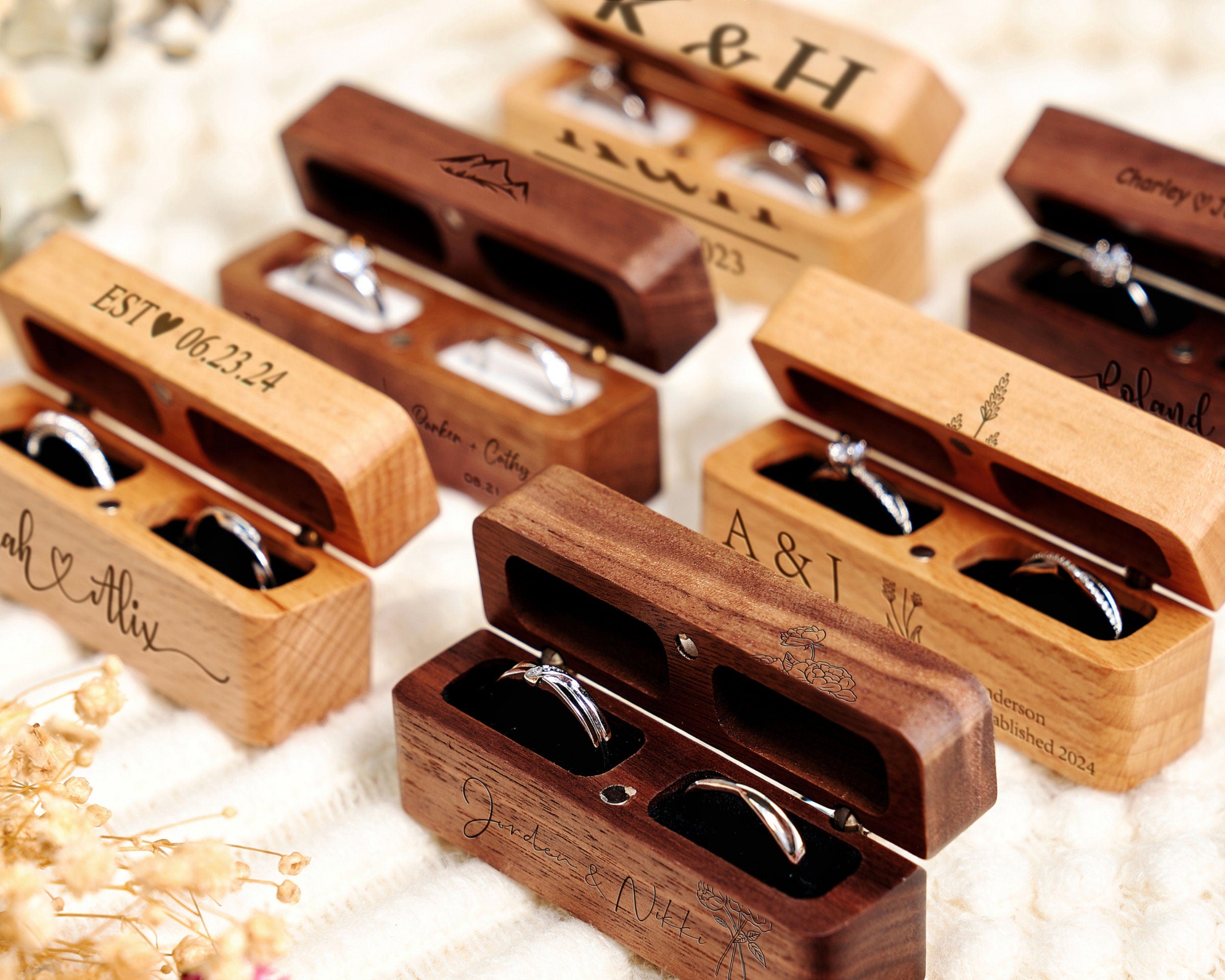 Engraved Wooden Ring Box Personalized 2-Slot Ring Box Wedding Ring Bearer