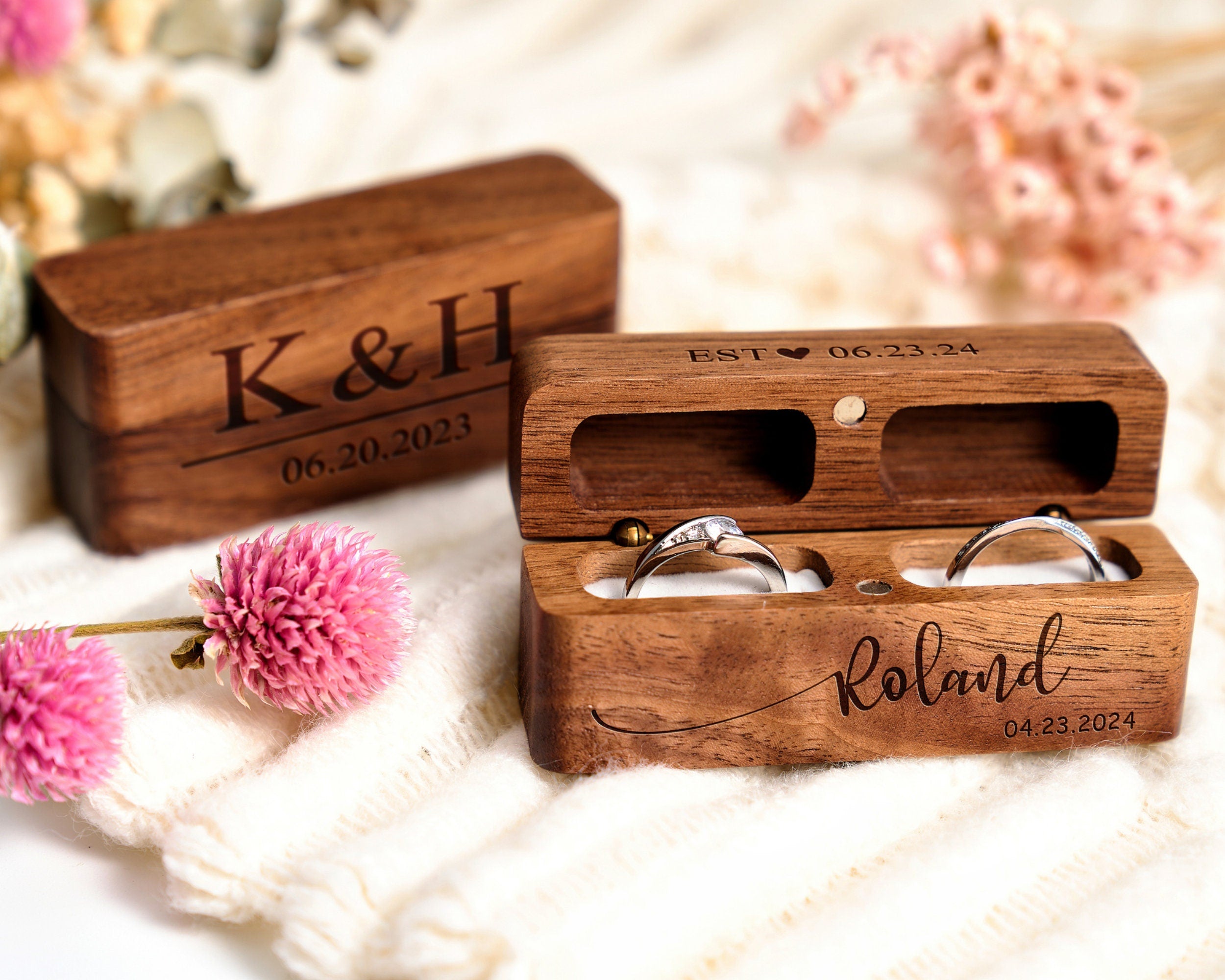 Engraved Wooden Ring Box Personalized 2-Slot Ring Box Wedding Ring Bearer