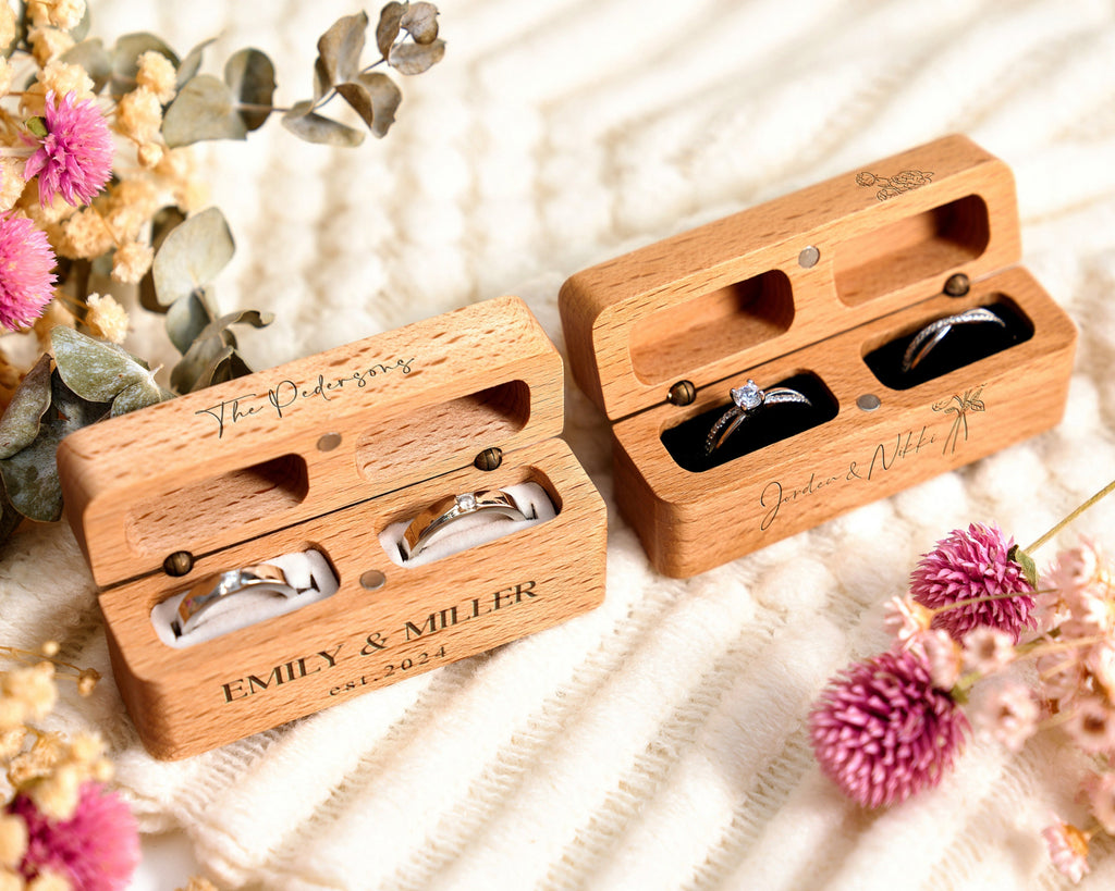 Engraved Wooden Ring Box Personalized 2-Slot Ring Box Wedding Ring Bearer