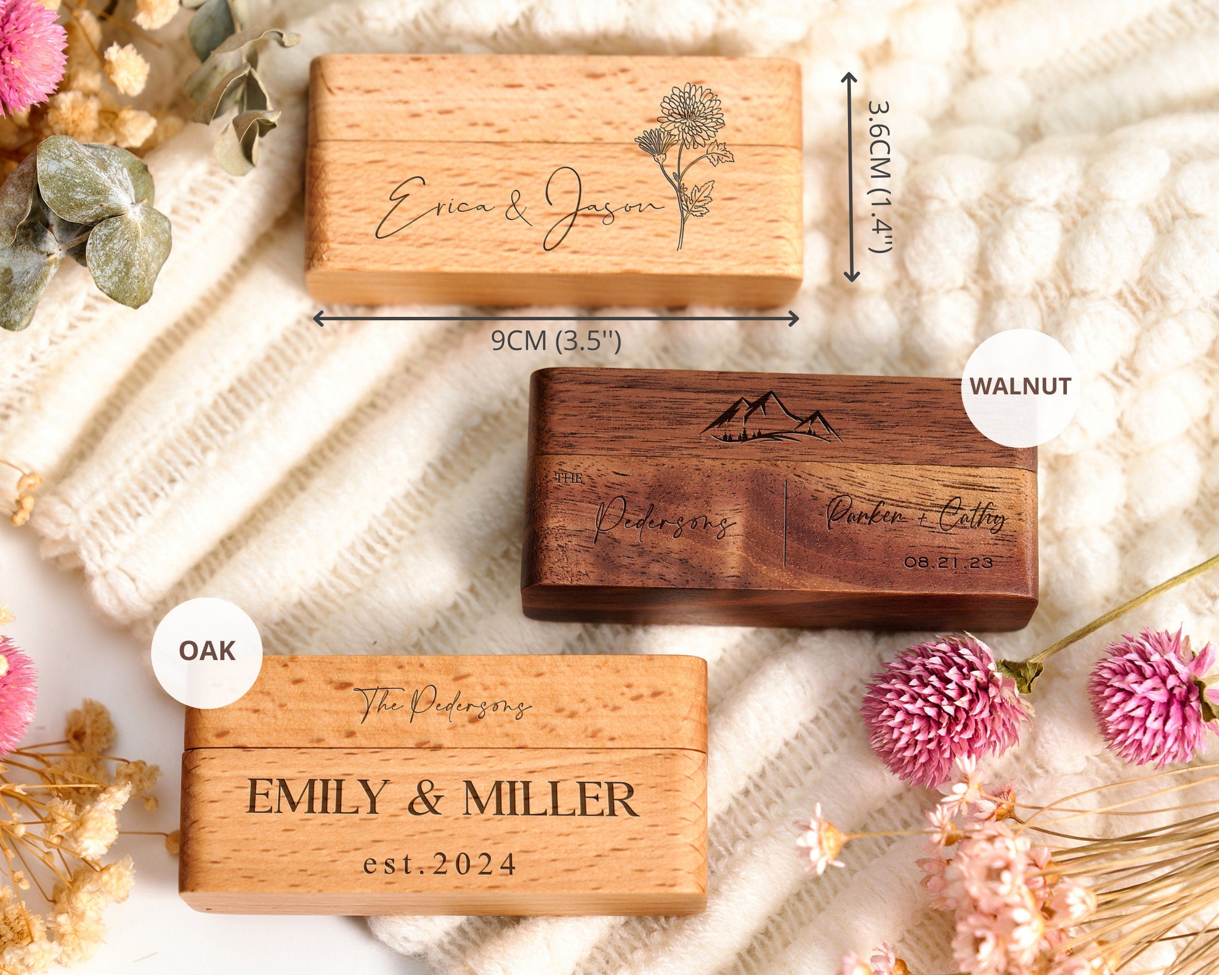 Engraved Wooden Ring Box Personalized 2-Slot Ring Box Wedding Ring Bearer