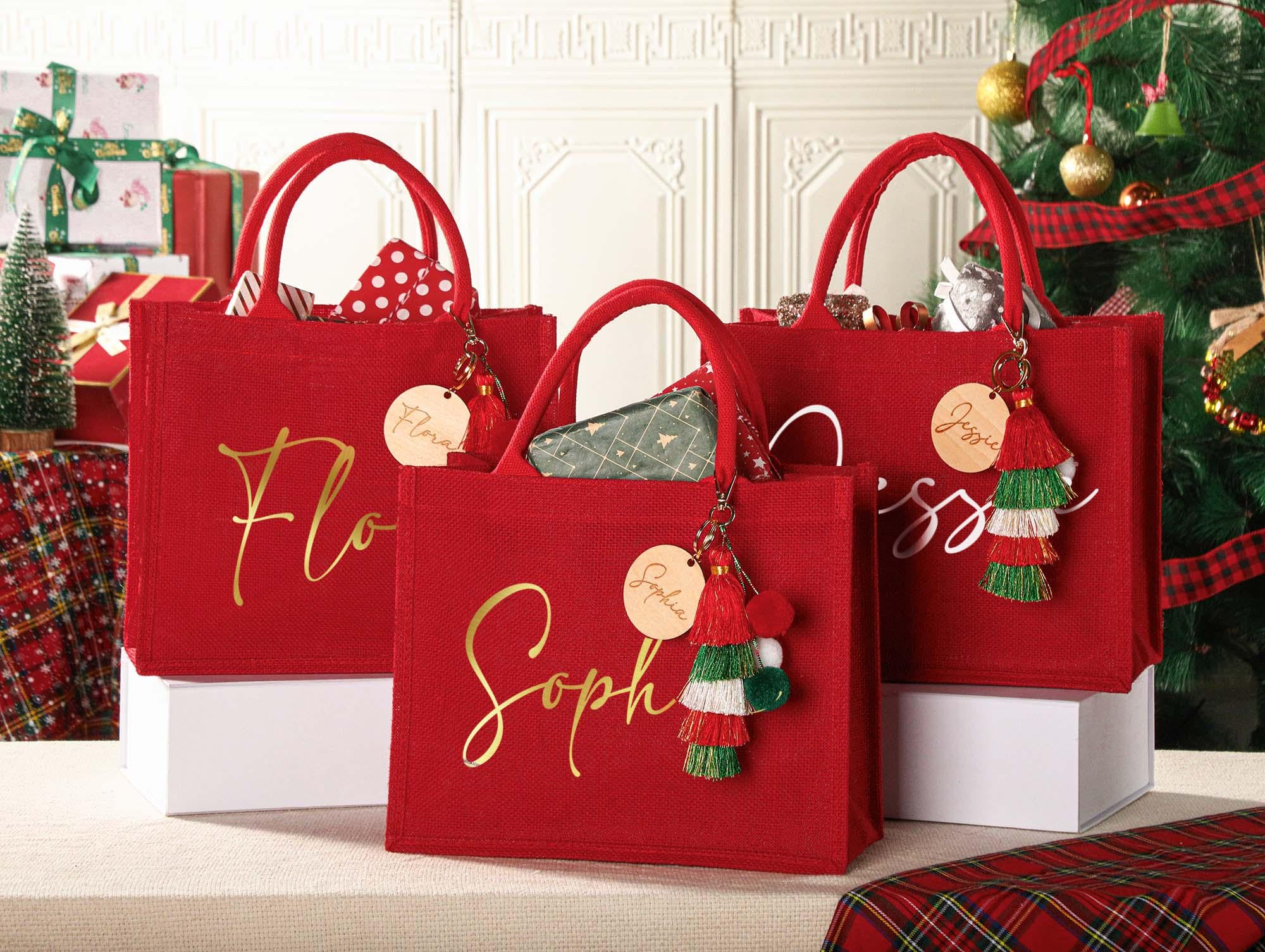 Personalized Holiday Gift Bag & Charm - Custom Name Party Bags for Christmas Eve & Festive Presents