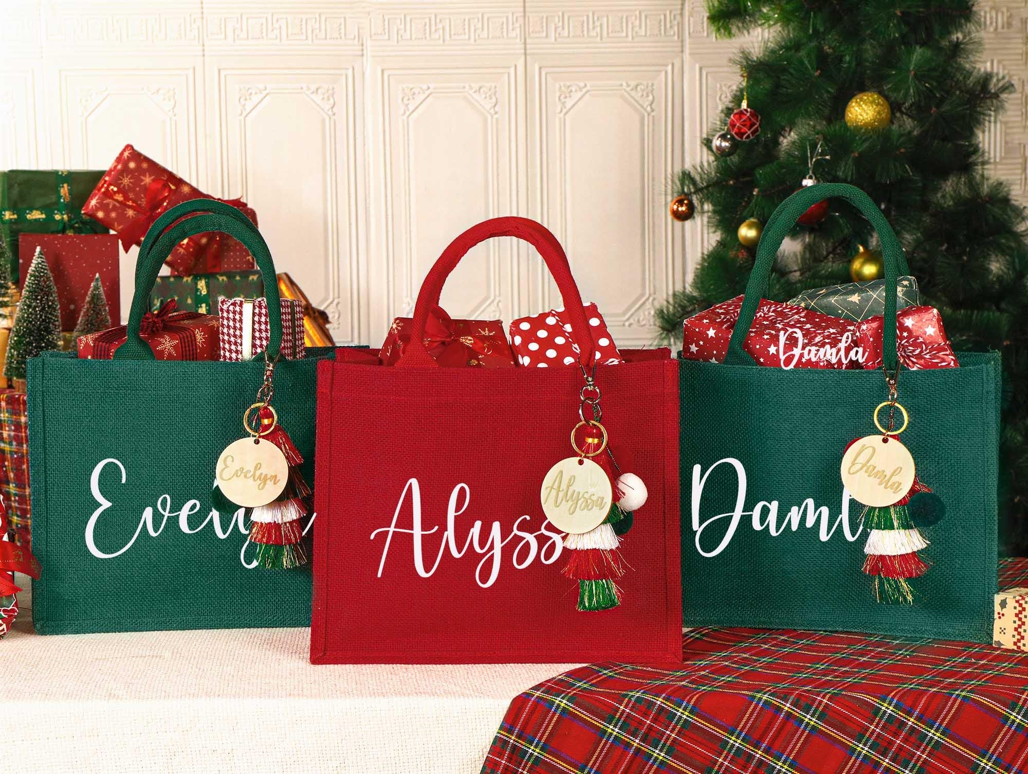 Personalized Holiday Gift Bag & Charm - Custom Name Party Bags for Christmas Eve & Festive Presents
