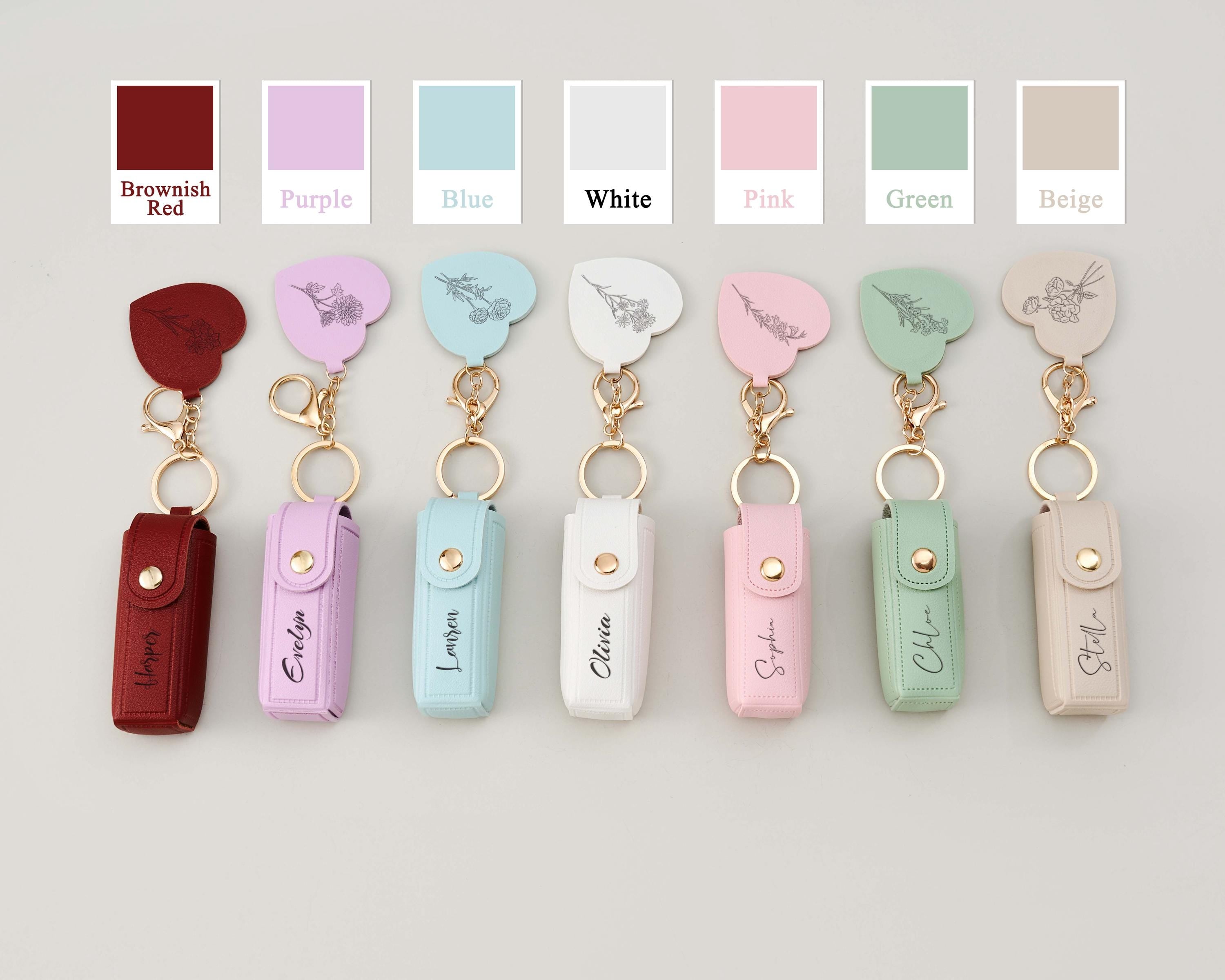 Engraved Birth Flower Lipstick Keychain Case with Mirror