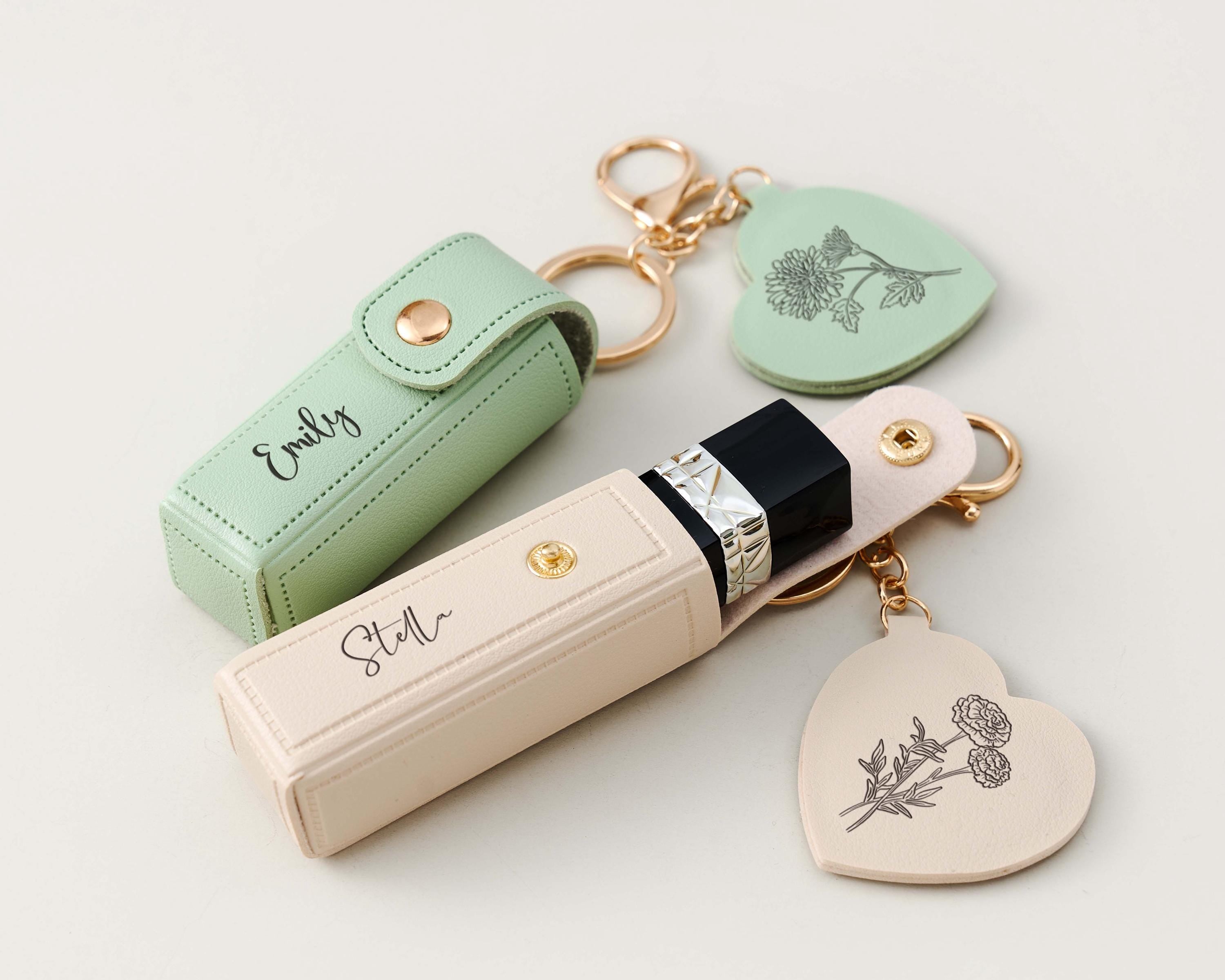 Engraved Birth Flower Lipstick Keychain Case with Mirror