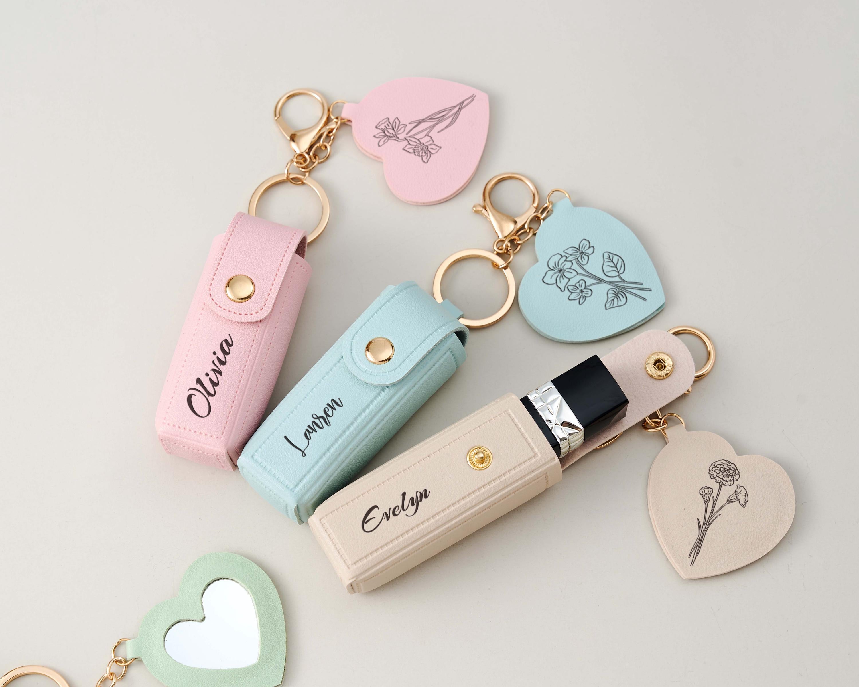Engraved Birth Flower Lipstick Keychain Case with Mirror